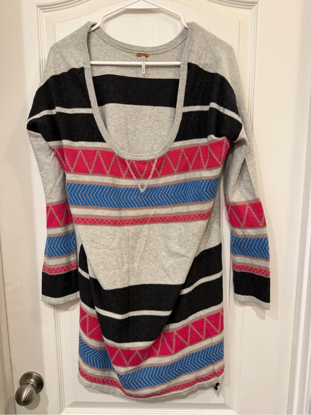 Free People Gray Scoop Neck Sweater with Pink & Blue Stripes